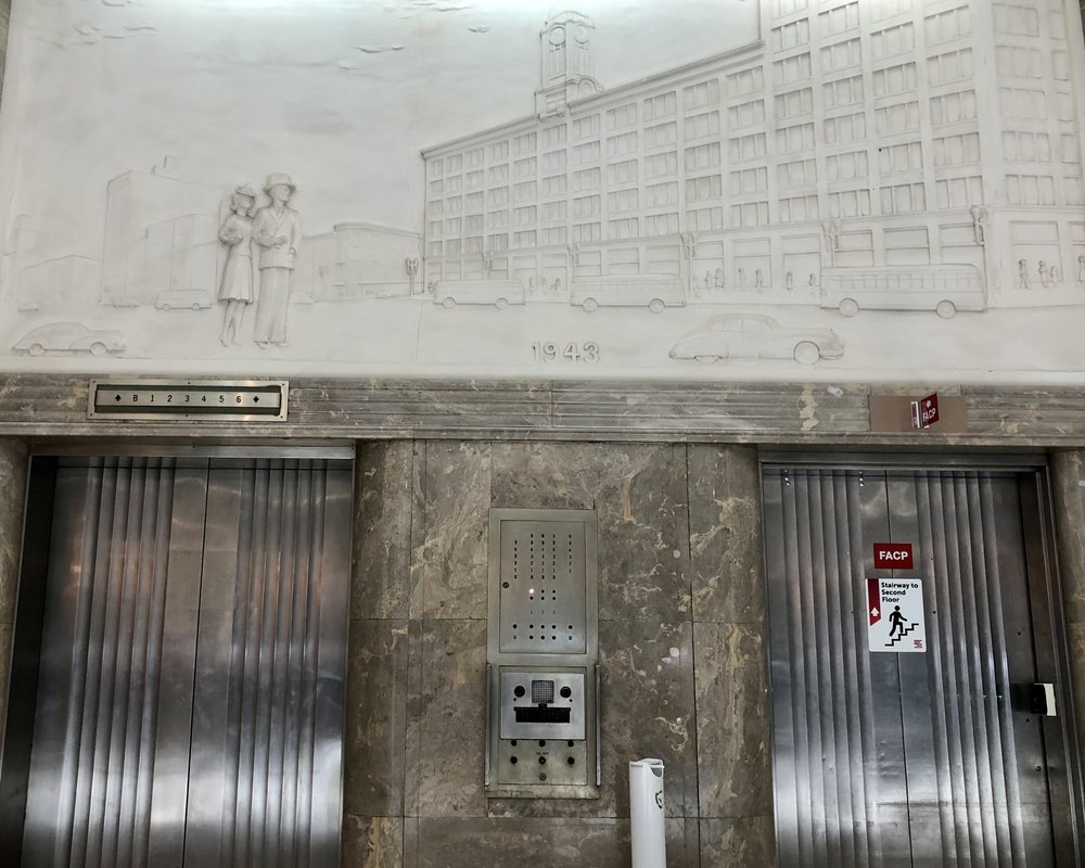 The elevators in the Sibley building at the very center of downtown are decorated with beautiful ...