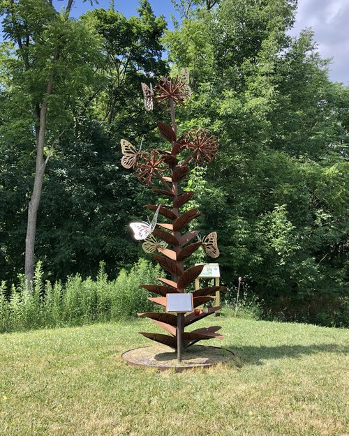 A metal butterfly sculpture at the head of a trail on the property of the Yates County Community ...