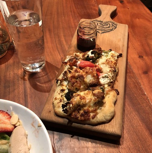 A fine dinner at The Burnt Rose Wine Bar, owned by our neighbors Chet and Rose. Their flatbread p...
