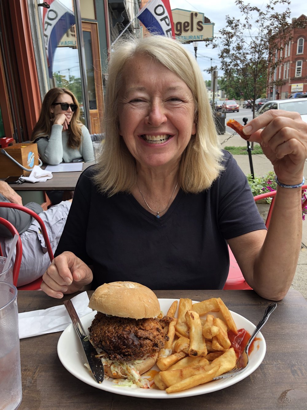 Julie enjoyed a giant Nashville chicken sandwich at Parker’s restaurant. It’s just down the stree...