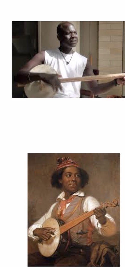 Early painting&nbsp;by William Sydney Mount of a minstrel player and above that a modern African ...