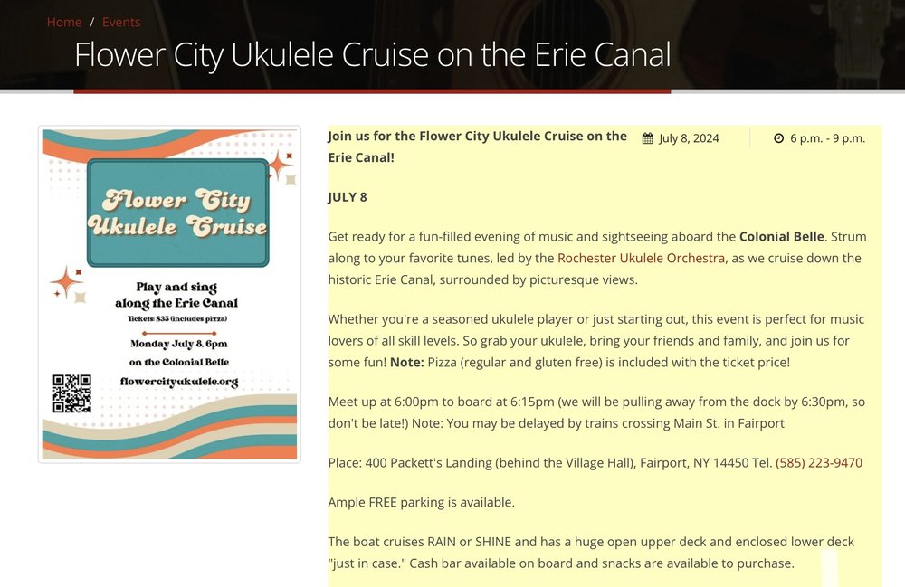 Join Julie and I on the Flower City ukulele Cruise aboard the Colonial Belle . July 8th. The even...