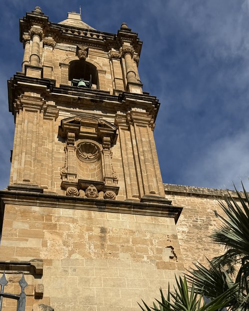 The old church tower at the museum is illuminated at night. It’s quite a sight.