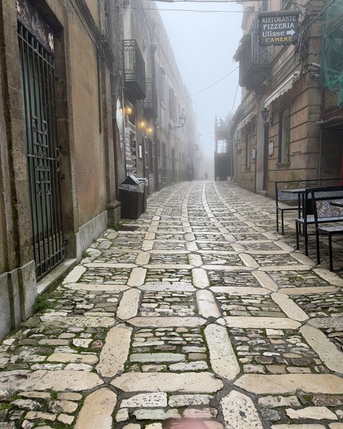 The cobbled streets of the ancient mountain top town of&nbsp;Erice. Twenty-five hundred years ago...