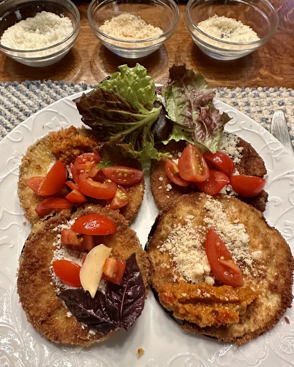 The absolute best fried eggplant, from our garden&hellip;with rice panko, cherry tomatoes, assort...