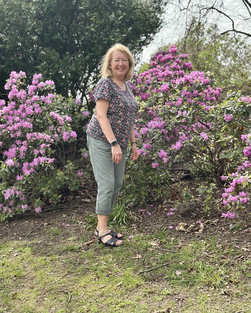 Julie amidst the flowers at Highland Park