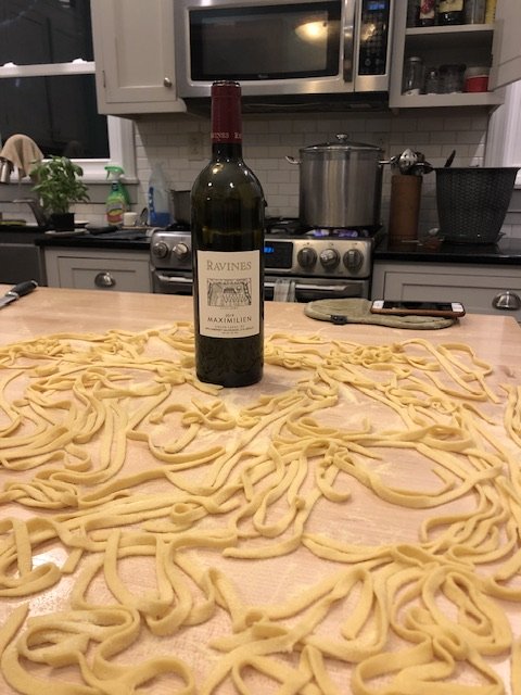 Accompanied by homemade fettuccine and wine from Ravines.