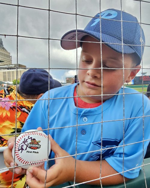 My grandson, Rocco John Bernunzio threw out the first pitch and got the mascot, Spikes to autogra...